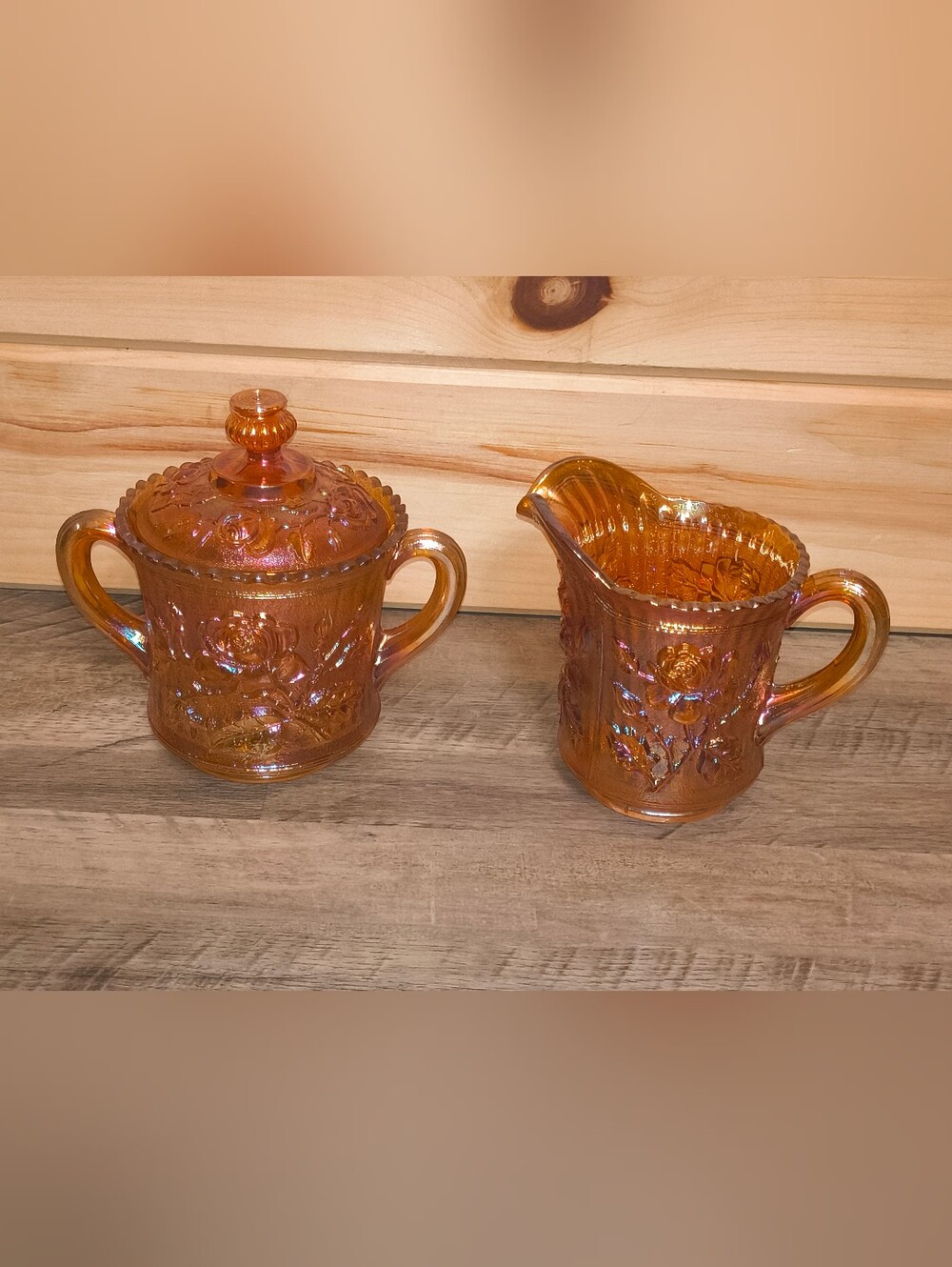 Vintage Imperial Glass Lustre Rose Marigold Carnival Sugar Creamer Set